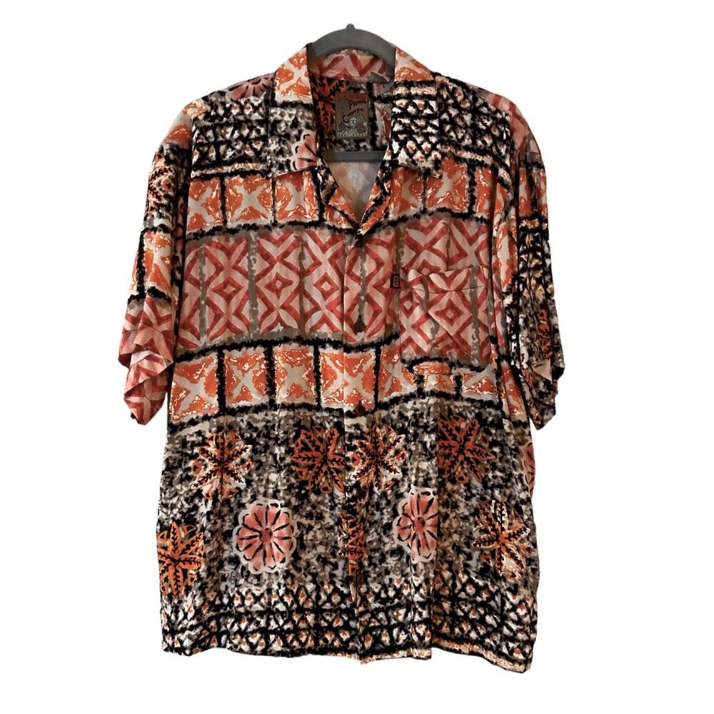 Pineapple Connection Men's Orange Black Taupe Aloha Hawaiian Camp Shirt, size L
